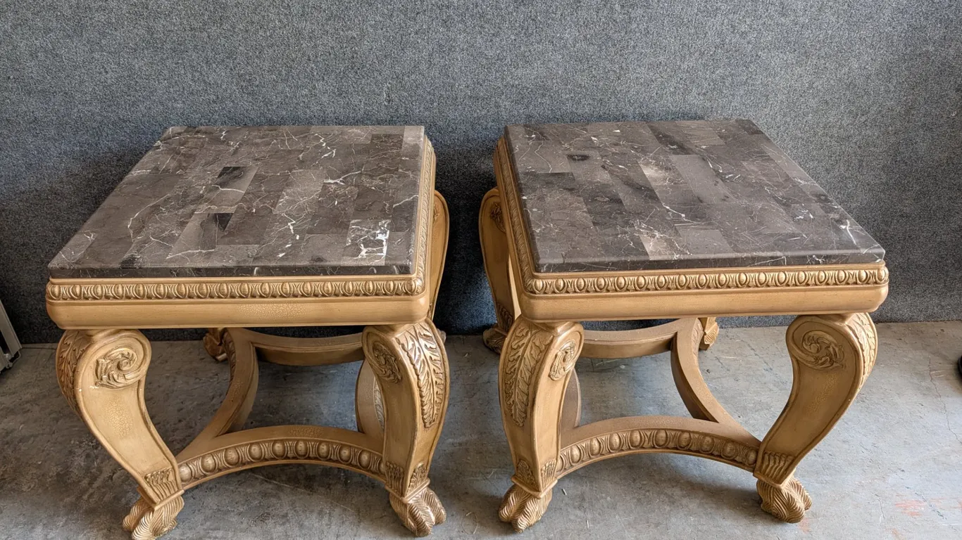 Pair Ornate Marble Top End Tables