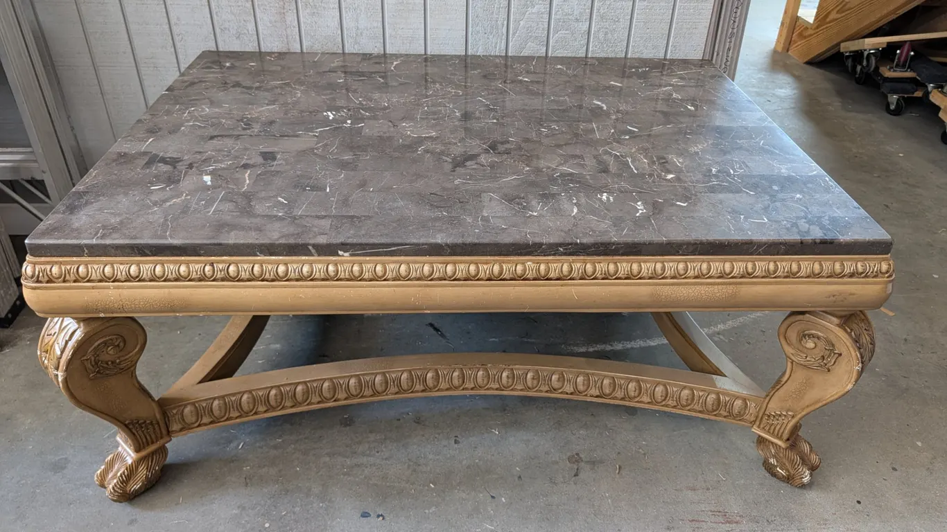 Marble Top Carved Wood Coffee Table
