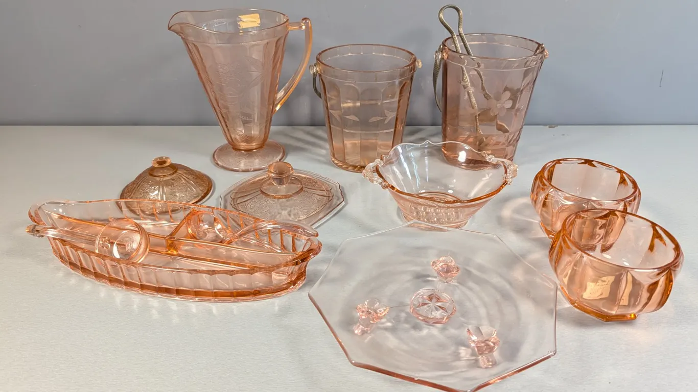 Collection of 13 Pink Depression Glass Serving Pieces