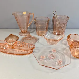 Collection of 13 Pink Depression Glass Serving Pieces
