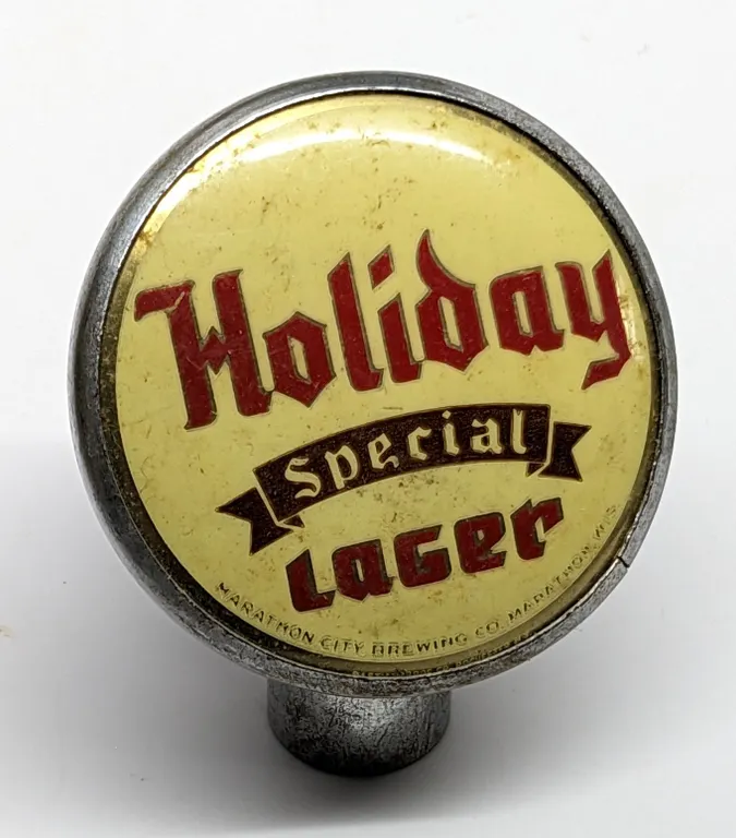 BALL TAP KNOB HANDLE HOLIDAY SPECIAL LAGER BEER MARATHON CITY BREWING WISCONSIN (TIN CAN STYLE)