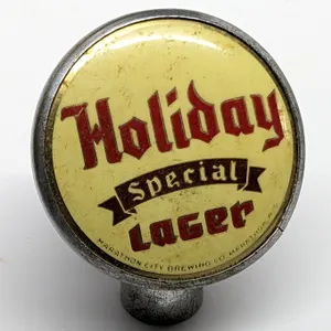 BALL TAP KNOB HANDLE HOLIDAY SPECIAL LAGER BEER MARATHON CITY BREWING WISCONSIN (TIN CAN STYLE)