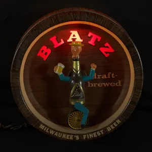 BLATZ BEER UNICYCLE BOTTLE MAN MOTION LIGHTED SIGN