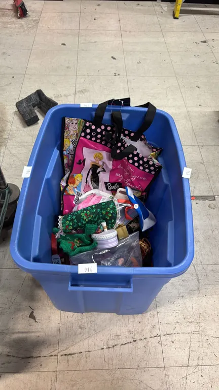 TOTE OF REUSABLE BARBIE BAG, WINNIE THE POOH TOYS, BARBIE ACCESSORIES & MORE