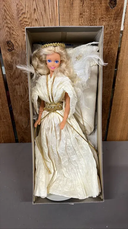 VINTAGE BARBIE IN A CUSTOM ANGEL DRESS WITH STAND