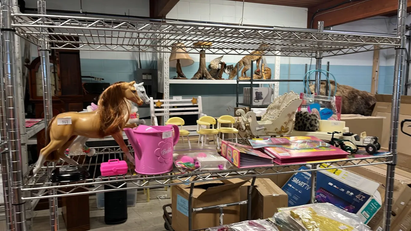 SHELF OF BARBIE HORSES, BARBIE SCHOOL DESKS, VINYL BARBIE BAG, MINIATURE FURNITURE & MORE