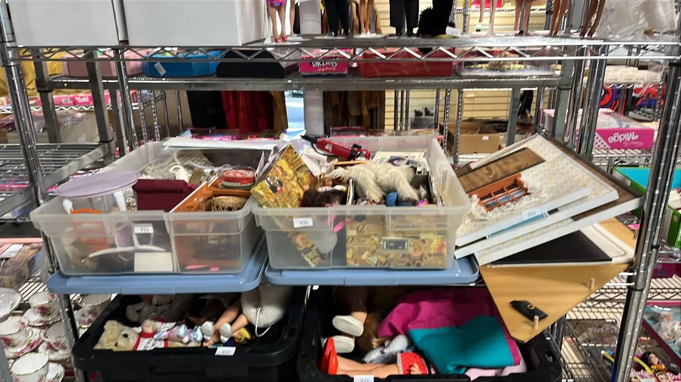 SHELF OF ASSORTED VINTAGE BARBIE & OTHER DOLL FURNITURE, DOLL HOUSE & MORE