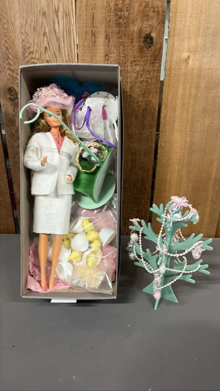 VINTAGE BARBIE WITH CUSTOM OUTFIT, EASTER BASKETS, DECORATED EASTER THEMED TREE, STAND & MORE