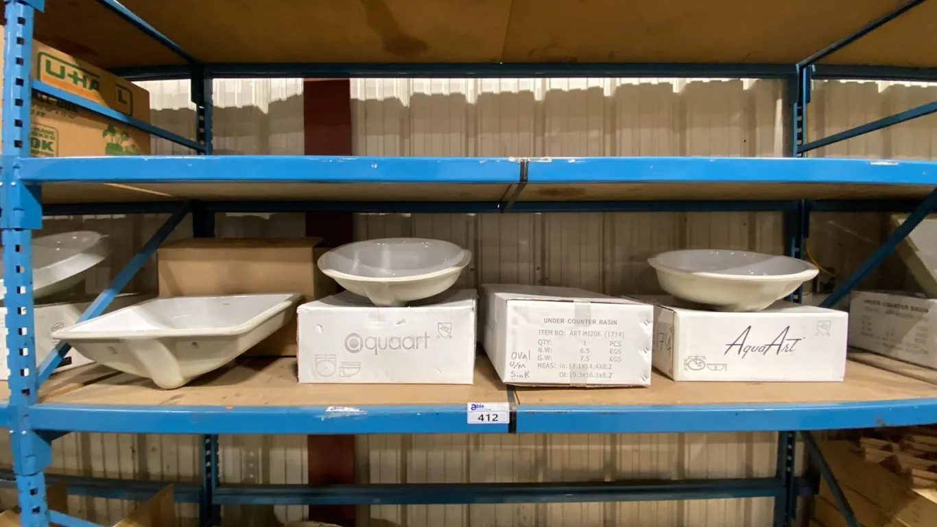 SHELF OF 4 ASSORTED PORCELAIN SINKS