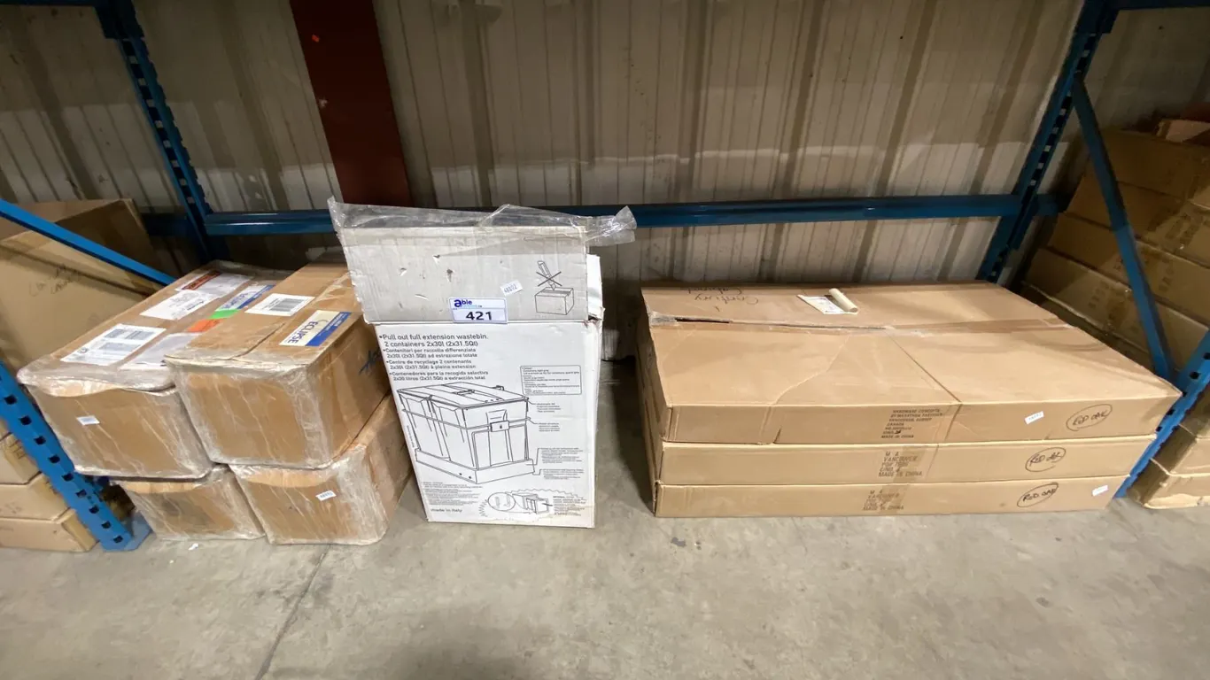 3 CASES OF RED OAK WOOD WINE RACK LATTICE, PULL OUT FULL EXTENSION WASTE BIN & 4 CASES OF DRAWER