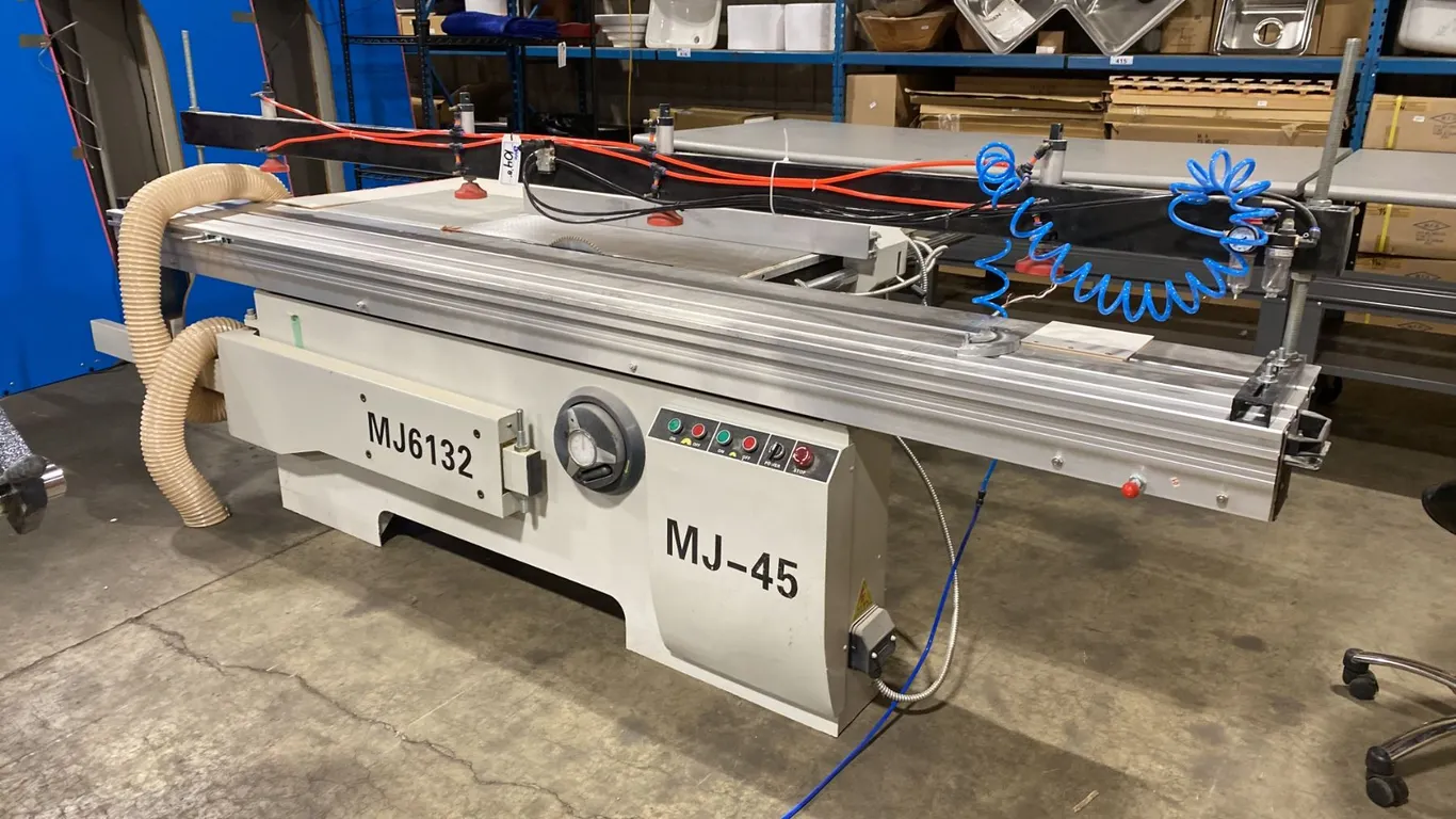 MJ6123/MJ-45 INDUSTRIAL GRADE SLIDING TABLE PANEL SAW WITH CUSTOM BUILT WOOD TABLE EXTENSION