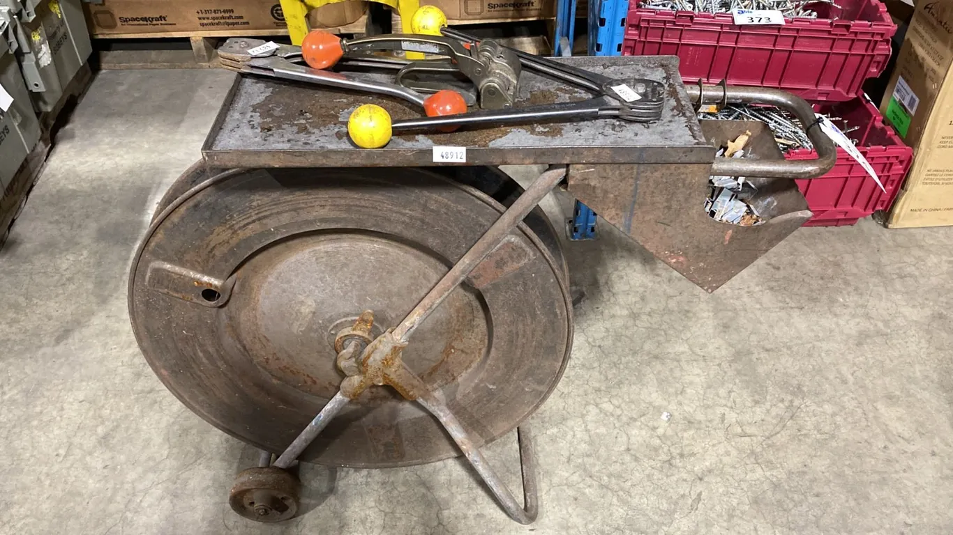 BLACK METAL INDUSTRIAL BANDING CART WITH BANDING TOOLS