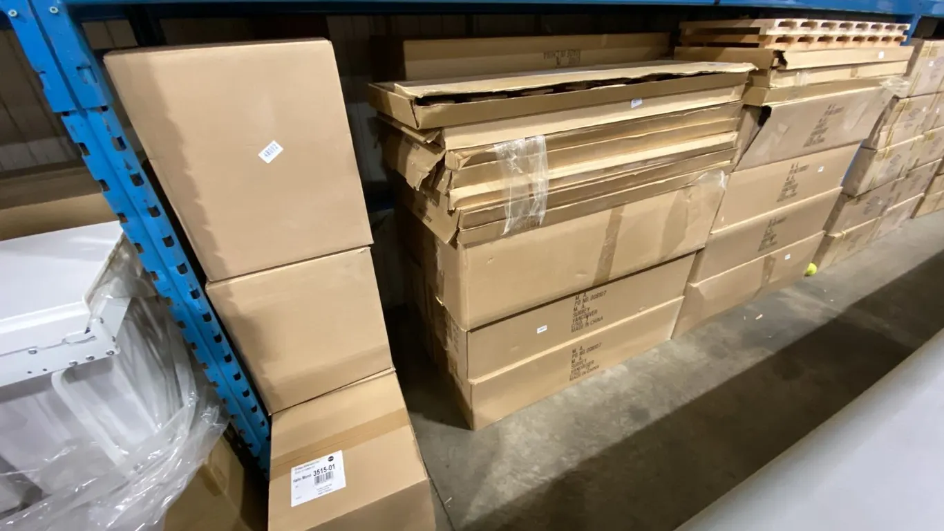 7 CASES OF BUILT IN WASTE BINS & APPROX 18 CASES OF WOODEN STEMWARE HOLDER RACKS