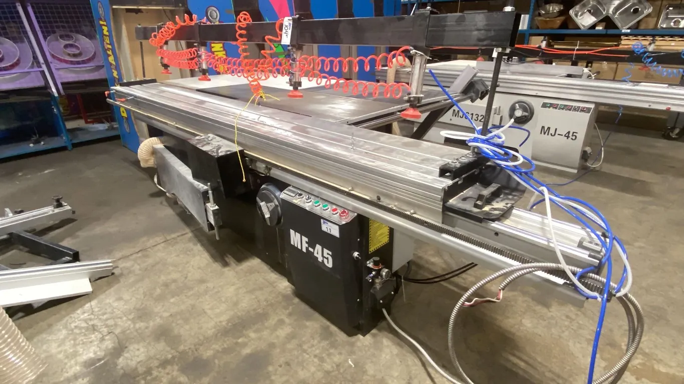 MF-45 INDUSTRIAL GRADE SLIDING TABLE PANEL SAW WITH CUSTOM BUILT WOOD TABLE EXTENSION