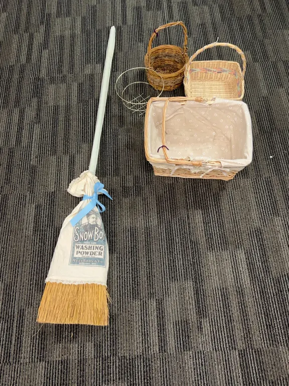 Woven Baskets and Decorative Broom Assortment