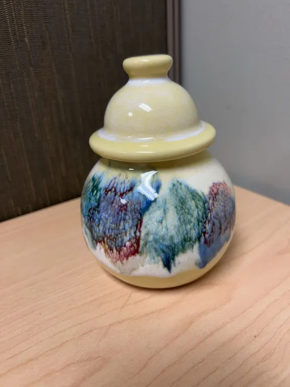 D.K. Clay Pottery Lidded Jar Sanford NC Multicolor Glaze