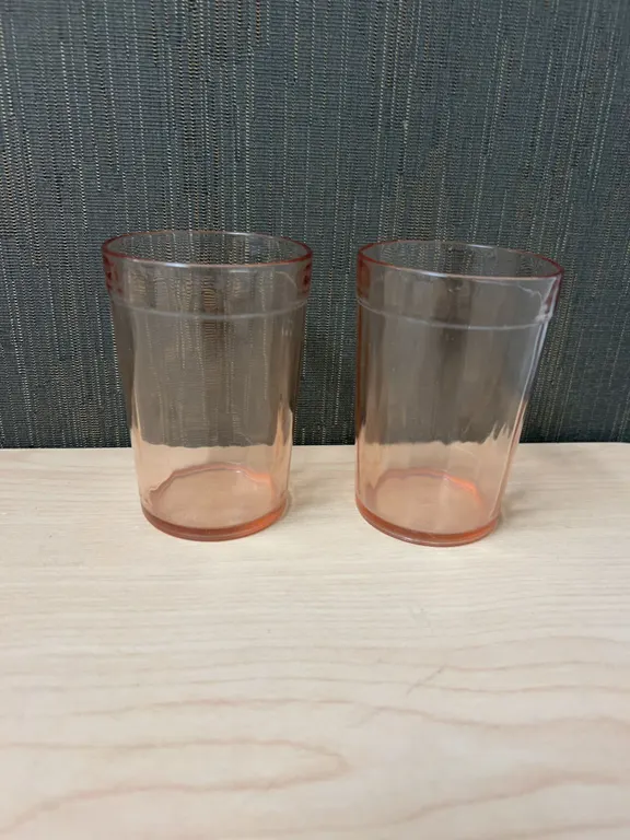 Two Pink Tint Tumbler Glasses with Ribbed Sides
