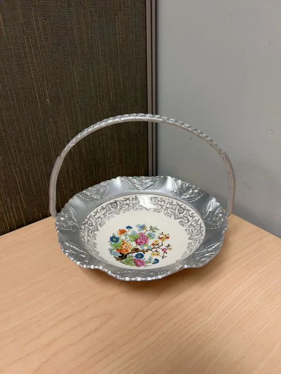 Faber & Shlevin Floral Porcelain and Metal Basket Bowl
