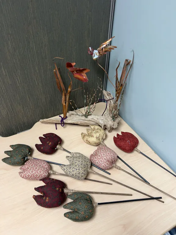 Lot Metal Hummingbird Sculpture and Fabric Tulip Stems