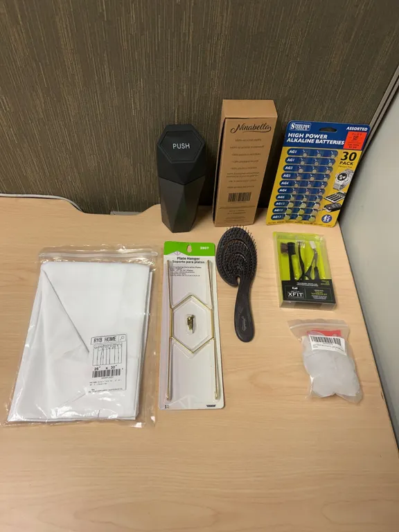 Household Accessory Lot: Brushes, Batteries, Tools, Curtain Panels