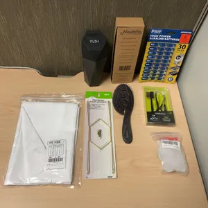 Household Accessory Lot: Brushes, Batteries, Tools, Curtain Panels