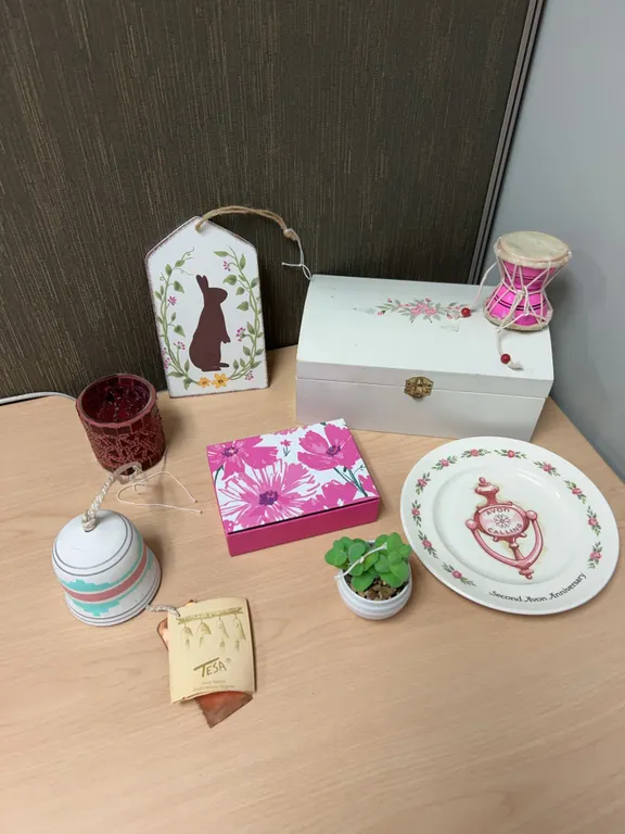 Decorative Mixed Lot: Avon Plate, TESA Bell, Jewelry Box, Assorted Items