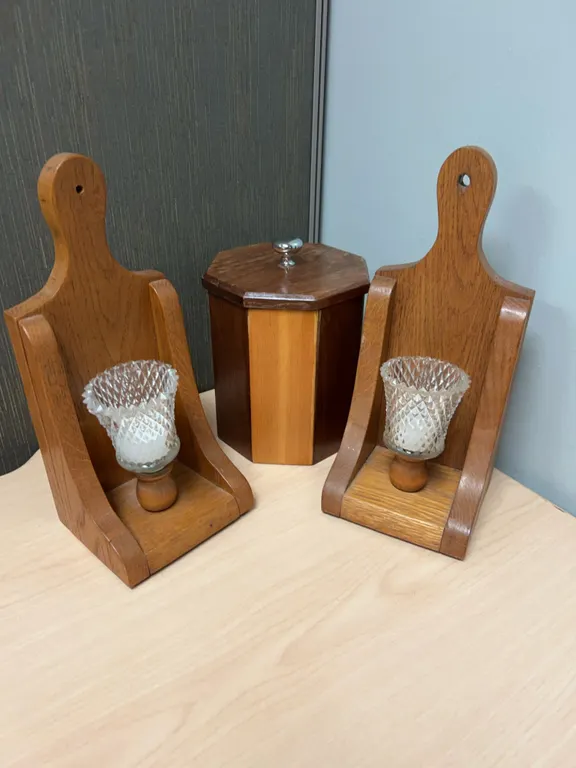 Oak Wall Sconces and Handcrafted Wood Container