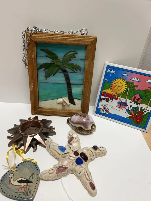 Coastal Decor Lot with Art, Shells, and Candle Holder