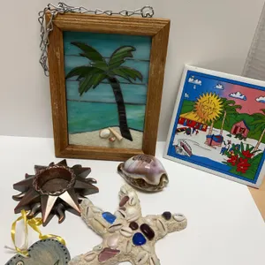 Coastal Decor Lot with Art, Shells, and Candle Holder