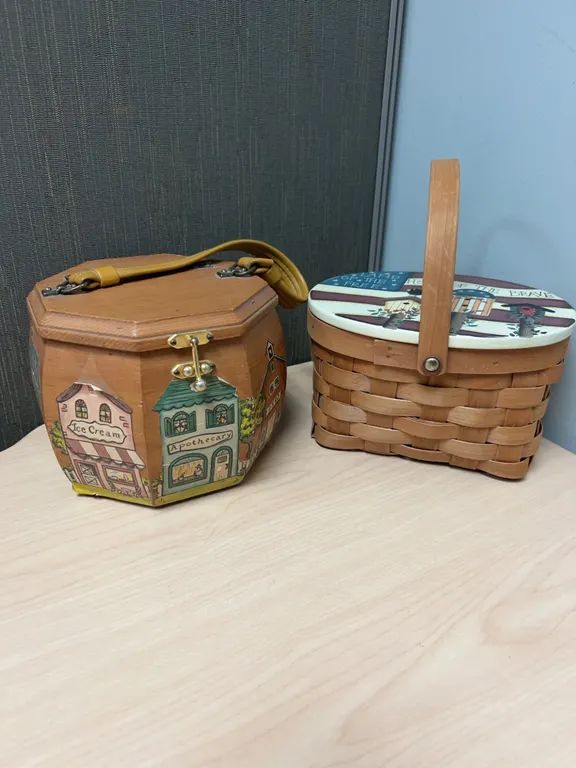 Two Decorative Wooden Baskets With Painted Designs