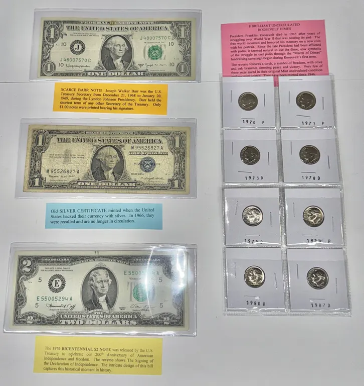 US Currency & Coin Set Including Barr Note & Dimes
