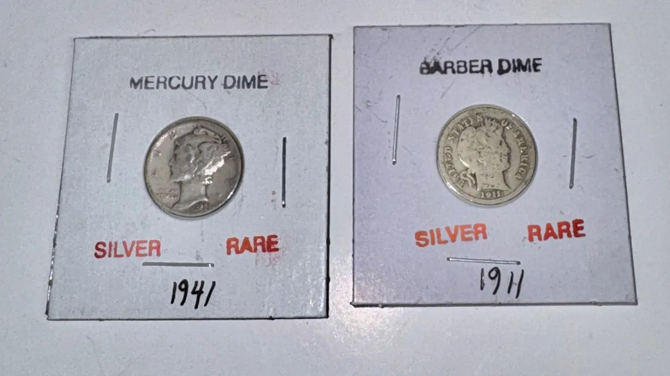 1911 Barber Dime and 1941 Mercury Dime, 90% Silver
