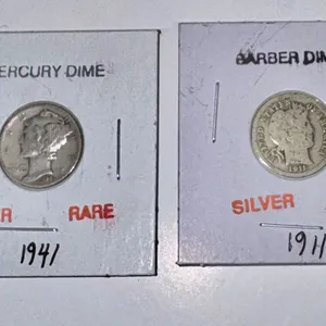1911 Barber Dime and 1941 Mercury Dime, 90% Silver