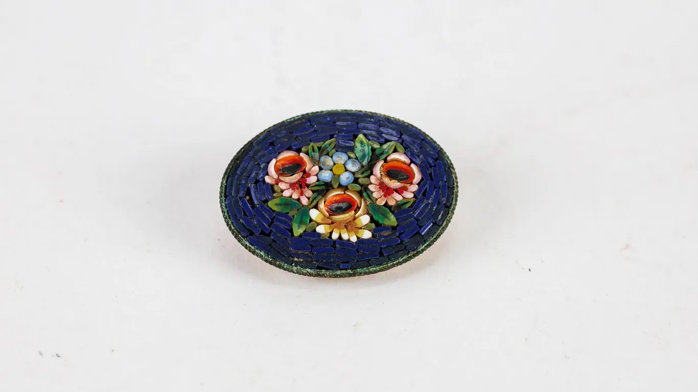 Micro Mosaic Flower Brooch Stamped Italy