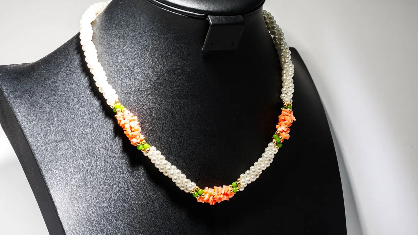 Vintage Jade, Pink Coral and Pearl Necklace
