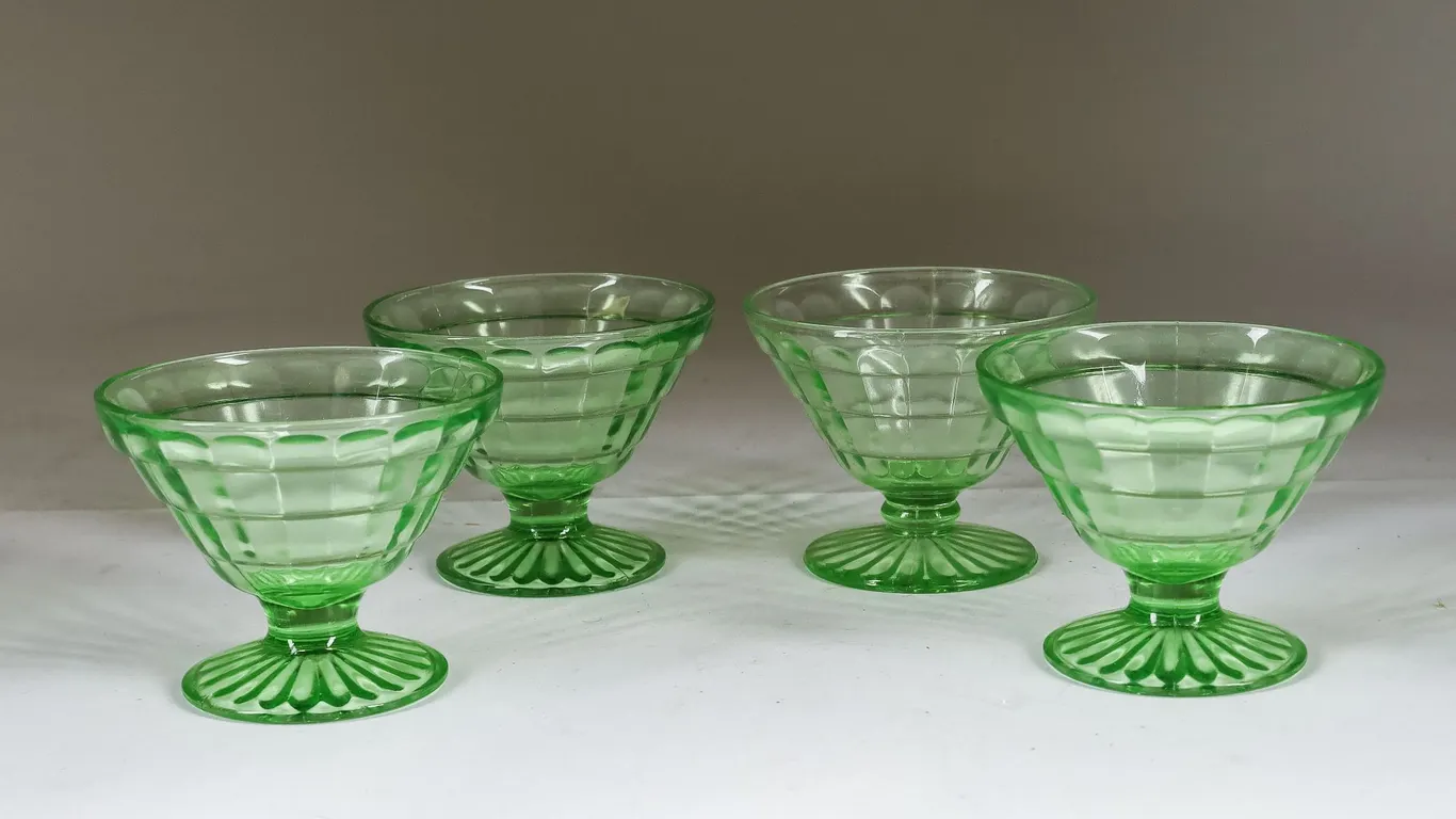 Vintage Hocking Block Optic Green Uranium Glass Dessert Cups - Glows!