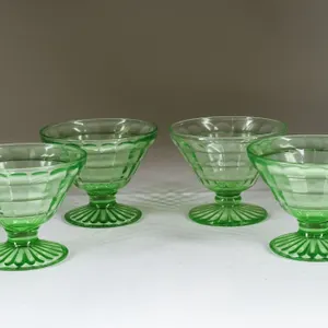 Vintage Hocking Block Optic Green Uranium Glass Dessert Cups - Glows!