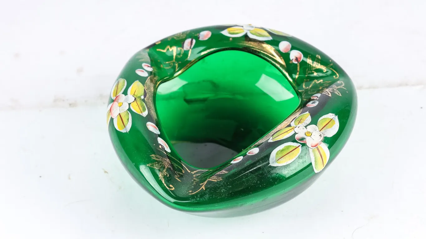 MCM Hand Painted Emerald Green Glass Bowl