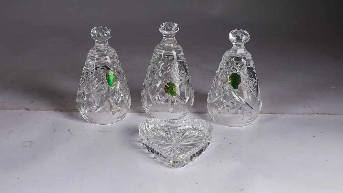 4 Pieces of Vintage Waterford Decorative Crystal - Heart-Shaped Ring Dish and Christmas Bells!
