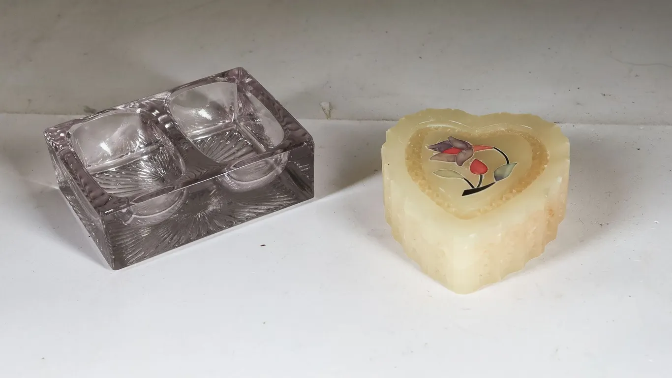 An Antique Double Glass Salt Cellar & A Carved Stone Trinket Dish!