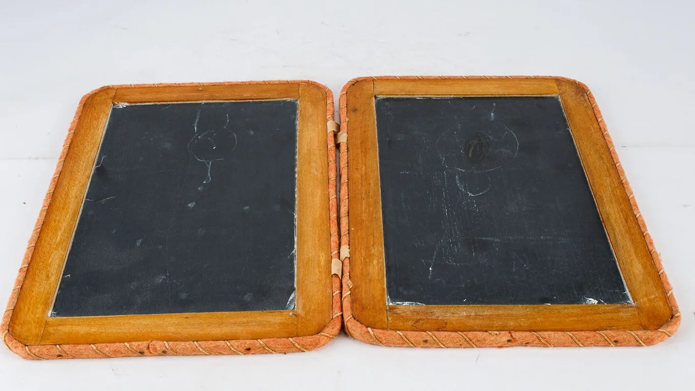 Vintage Wooden Frame Slate Chalkboard with Fabric Braid Trim