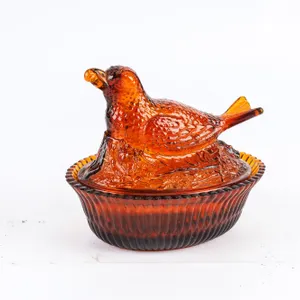 Vintage Amber Glass Robin on Nest Dish!