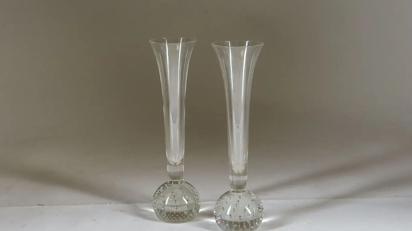 Pair of Vintage Clear Controlled Bubble Glass Bud Vases
