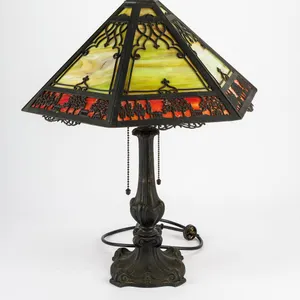 Vintage Arts & Crafts Landscape Slag Glass Table Lamp