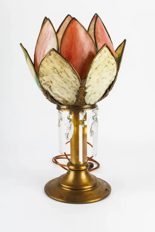 Vintage Lotus Flower Slag Glass Accent Lamp with Crystal Prisms