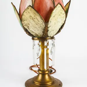 Vintage Lotus Flower Slag Glass Accent Lamp with Crystal Prisms