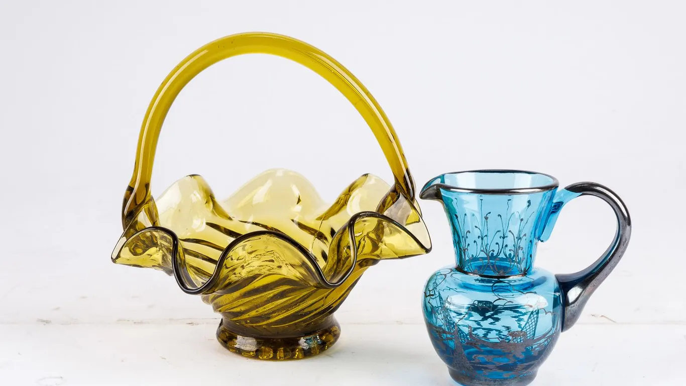 Two Lovely Art Glass Items! A Vintage Swirled Basket & A Small Blue Glass Pitcher!