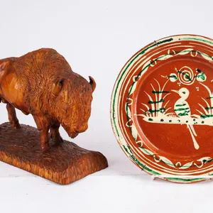 A Vintage Mexican Tlaquepaque Bandera Redware Pottery Plate and A Wooden Bison Figurine.