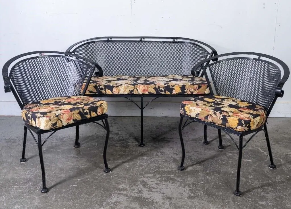 VINTAGE BLACK WROUGHT IRON MESH PATIO SET