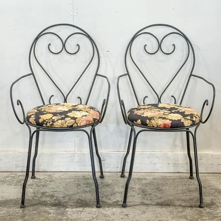 PAIR BLACK WROUGHT IRON ARMCHAIRS, WOVEN MESH SEAT